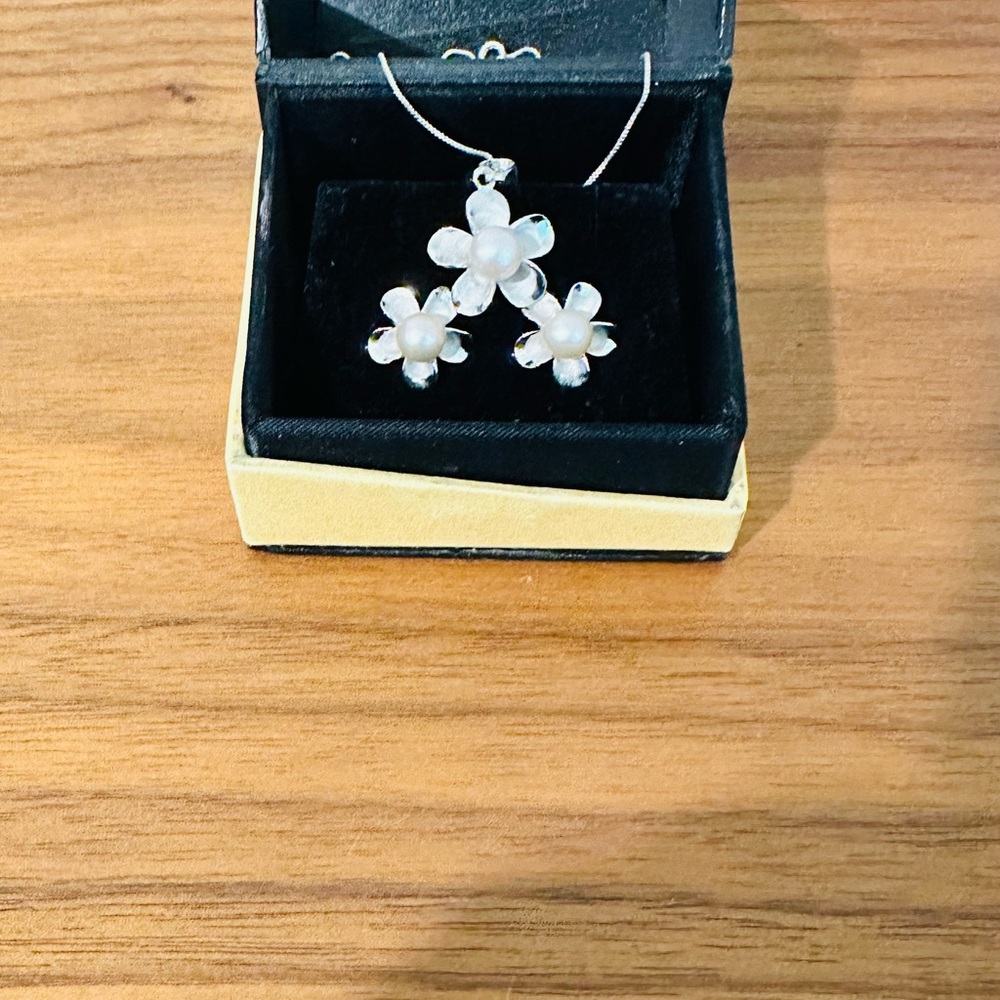 Silver and Pink Floral Pendant and Earrings Set